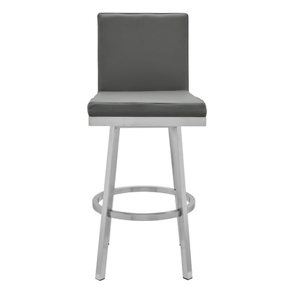 30" Gray And Silver Faux Leather And Faux Leather And Iron Bar Height Swivel Bar Chair