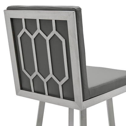 30" Gray And Silver Faux Leather And Faux Leather And Iron Bar Height Swivel Bar Chair