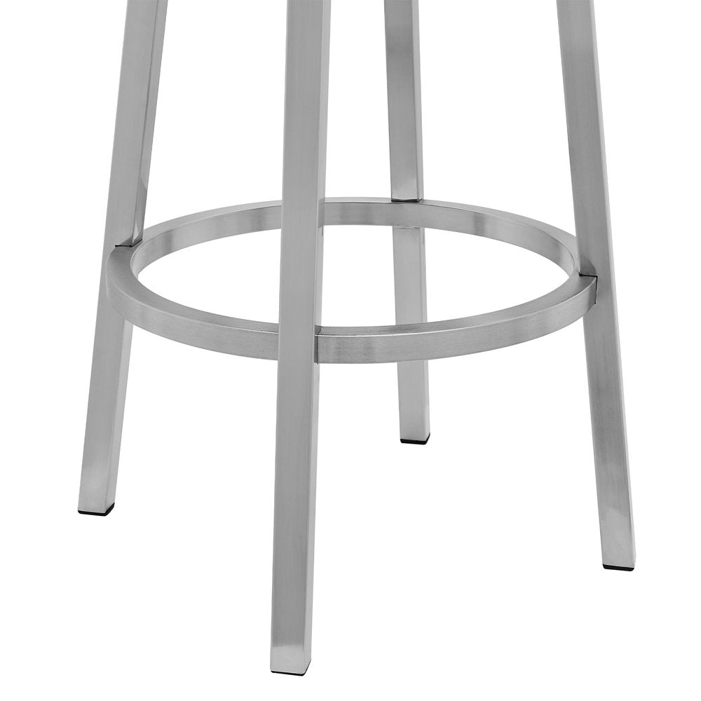 30" Gray And Silver Faux Leather And Faux Leather And Iron Bar Height Swivel Bar Chair