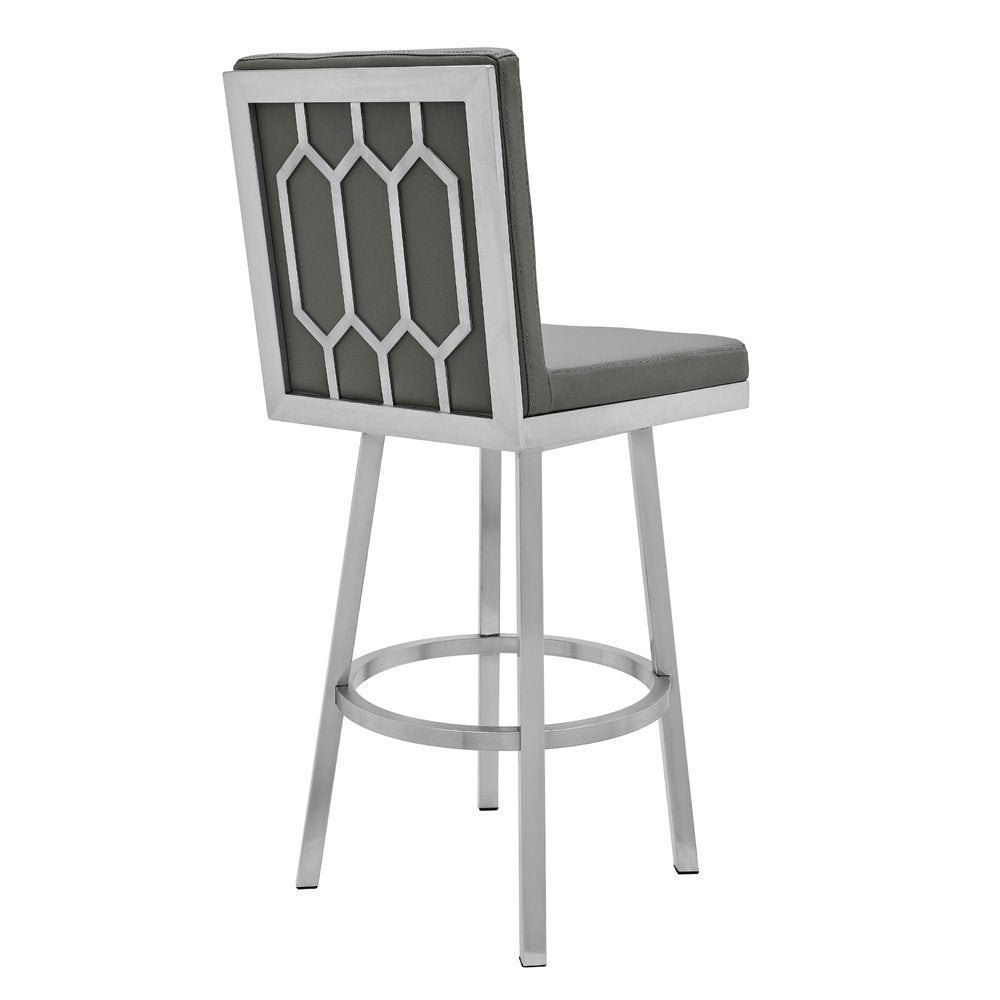 30" Gray And Silver Faux Leather And Faux Leather And Iron Bar Height Swivel Bar Chair