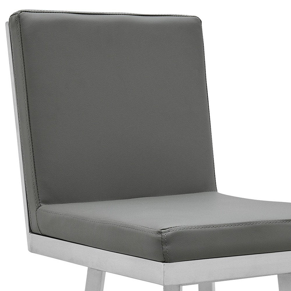 30" Gray And Silver Faux Leather And Faux Leather And Iron Bar Height Swivel Bar Chair