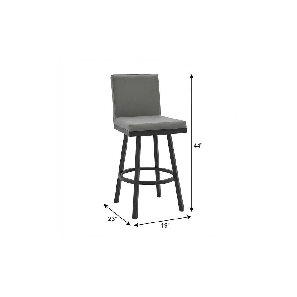 30" Gray And Black Faux Leather And Fabric And Iron Bar Height Swivel Bar Chair