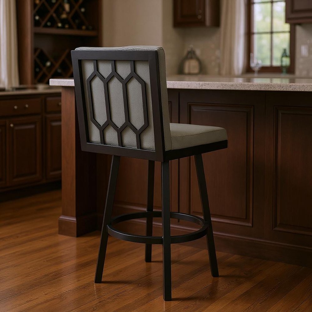 30" Gray And Black Faux Leather And Fabric And Iron Bar Height Swivel Bar Chair