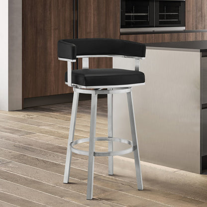 30" Black And Silver Faux Leather And Fabric And Iron Low Back Bar Height Swivel Bar Chair