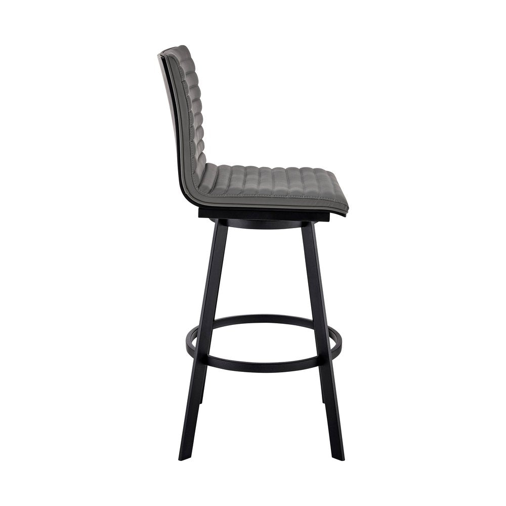 26" Gray And Black Faux Leather And Fabric And Iron Counter Height Swivel Bar Chair