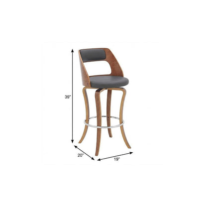 29" Gray And Brown Faux Leather And Fabric And Wood Bar Height Swivel Bar Chair