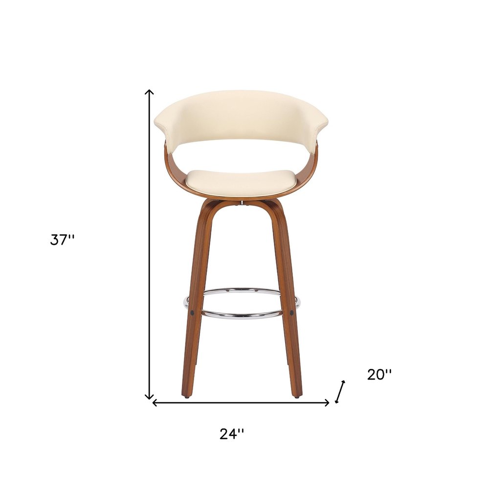 27" Cream And Brown Faux Leather And Fabric And Solid Wood Low Back Counter Height Swivel Bar Chair