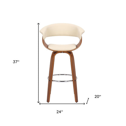 27" Cream And Brown Faux Leather And Fabric And Solid Wood Low Back Counter Height Swivel Bar Chair