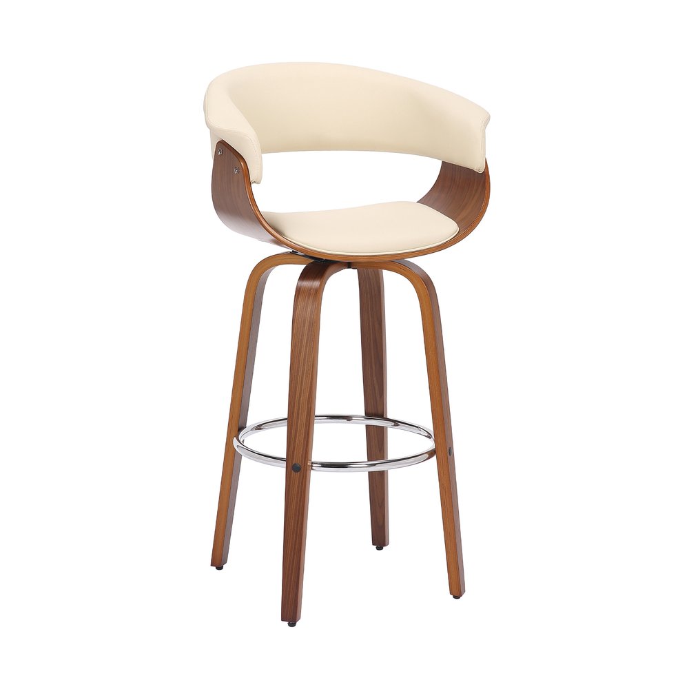 27" Cream And Brown Faux Leather And Fabric And Solid Wood Low Back Counter Height Swivel Bar Chair