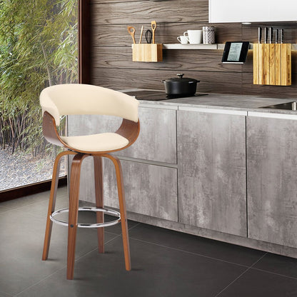 27" Cream And Brown Faux Leather And Fabric And Solid Wood Low Back Counter Height Swivel Bar Chair