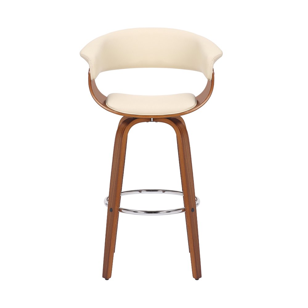 27" Cream And Brown Faux Leather And Fabric And Solid Wood Low Back Counter Height Swivel Bar Chair