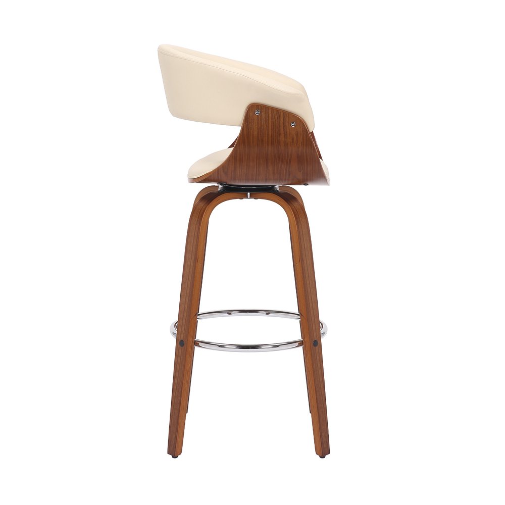 27" Cream And Brown Faux Leather And Fabric And Solid Wood Low Back Counter Height Swivel Bar Chair
