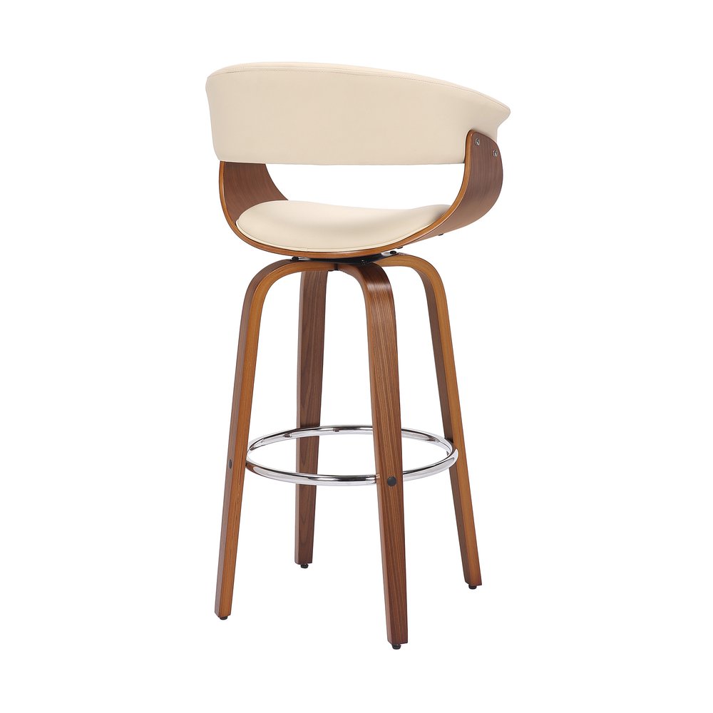 27" Cream And Brown Faux Leather And Fabric And Solid Wood Low Back Counter Height Swivel Bar Chair