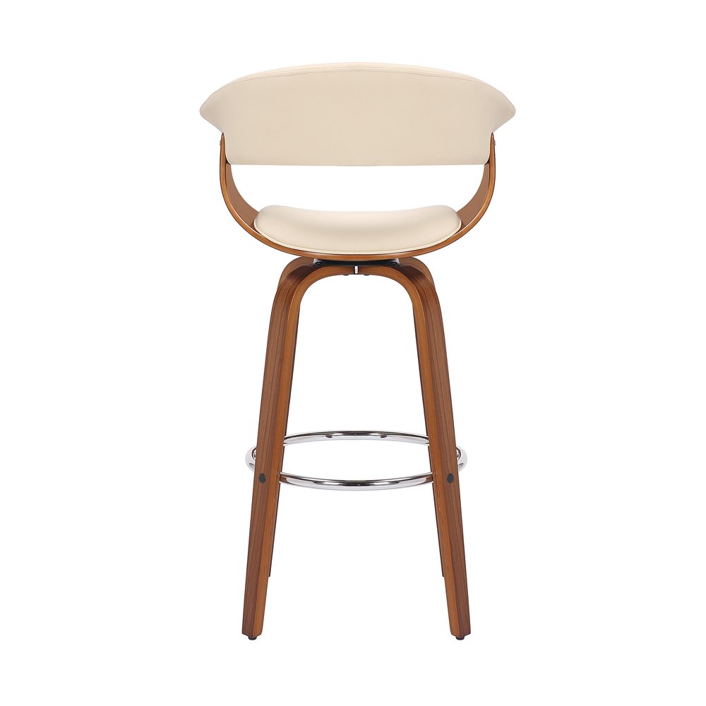 27" Cream And Brown Faux Leather And Fabric And Solid Wood Low Back Counter Height Swivel Bar Chair