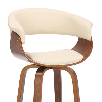 27" Cream And Brown Faux Leather And Fabric And Solid Wood Low Back Counter Height Swivel Bar Chair