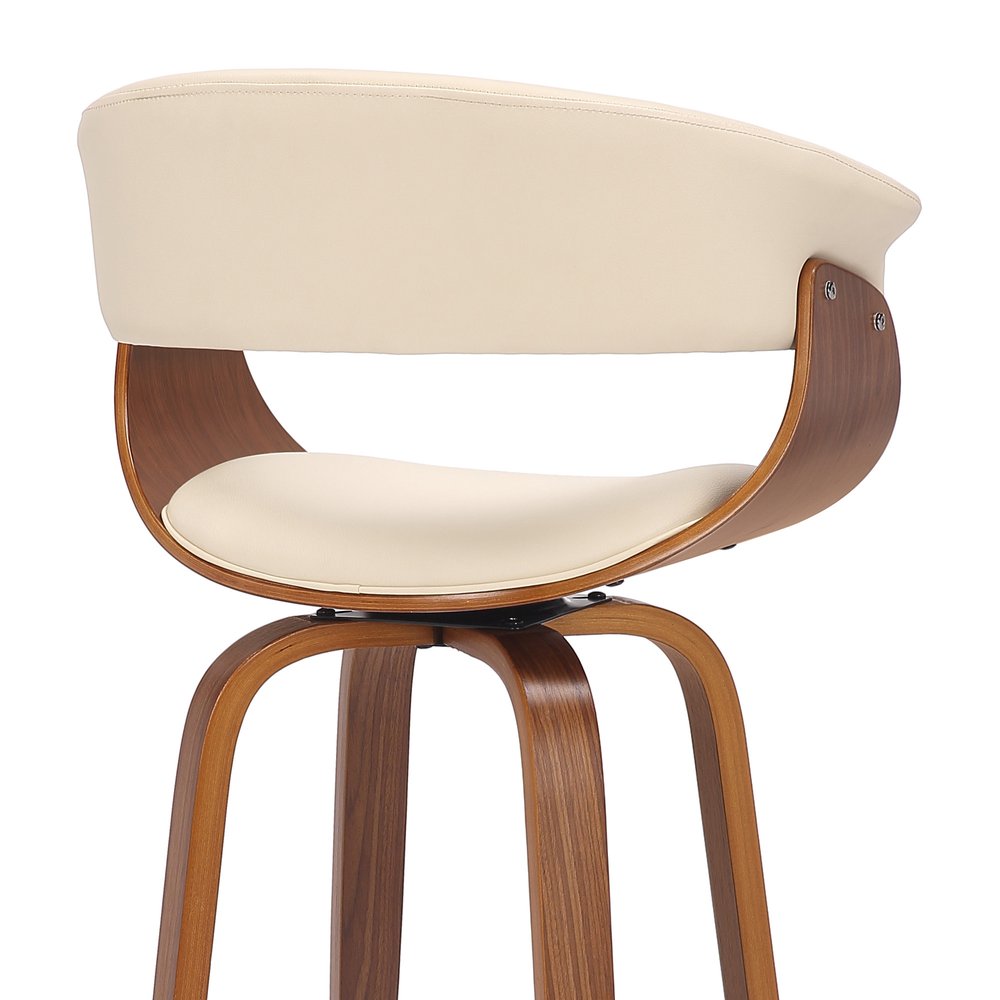 27" Cream And Brown Faux Leather And Fabric And Solid Wood Low Back Counter Height Swivel Bar Chair