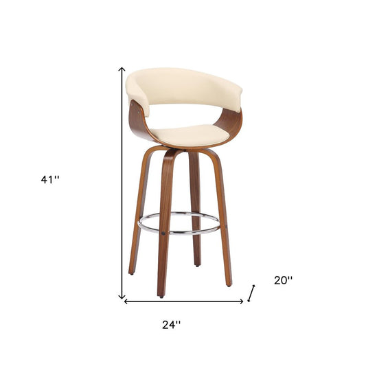 31" Cream And Brown Faux Leather And Fabric And Solid Wood Low Back Bar Height Swivel Bar Chair