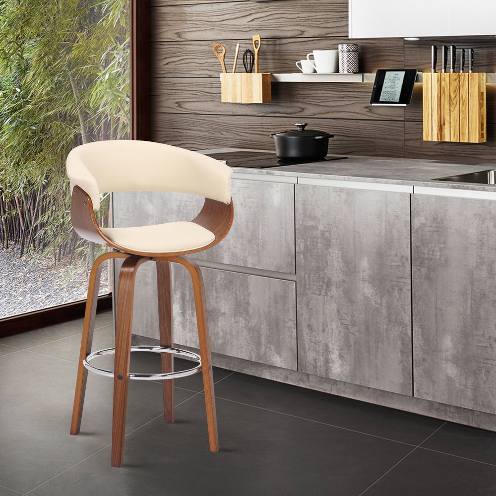 31" Cream And Brown Faux Leather And Fabric And Solid Wood Low Back Bar Height Swivel Bar Chair