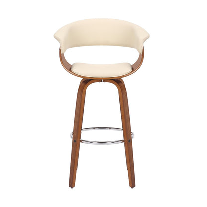 31" Cream And Brown Faux Leather And Fabric And Solid Wood Low Back Bar Height Swivel Bar Chair