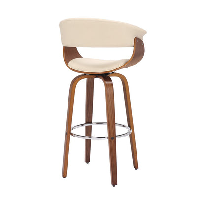 31" Cream And Brown Faux Leather And Fabric And Solid Wood Low Back Bar Height Swivel Bar Chair