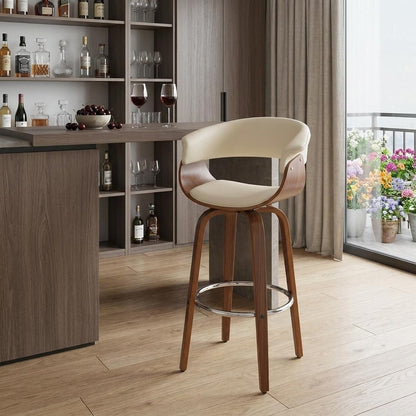 31" Cream And Brown Faux Leather And Fabric And Solid Wood Low Back Bar Height Swivel Bar Chair