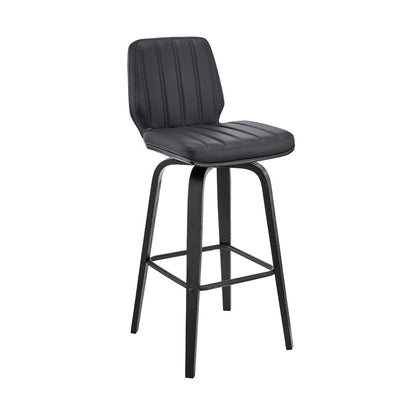 31" Gray And Black Faux Leather And Fabric And Iron Bar Height Swivel Bar Chair