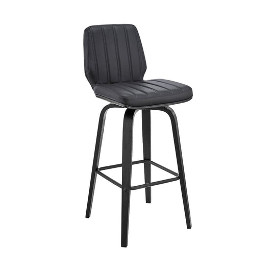 31" Gray And Black Faux Leather And Fabric And Iron Bar Height Swivel Bar Chair