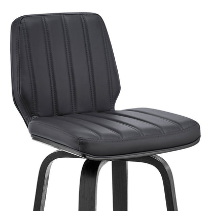 31" Gray And Black Faux Leather And Fabric And Iron Bar Height Swivel Bar Chair