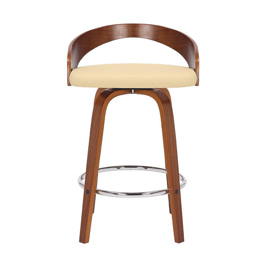 26" Cream And Brown Faux Leather And Fabric And Solid Wood Low Back Counter Height Swivel Bar Chair