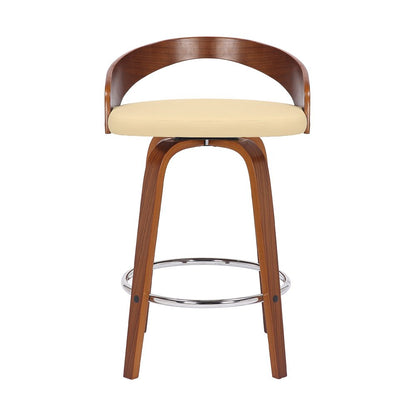 26" Cream And Brown Faux Leather And Fabric And Solid Wood Low Back Counter Height Swivel Bar Chair