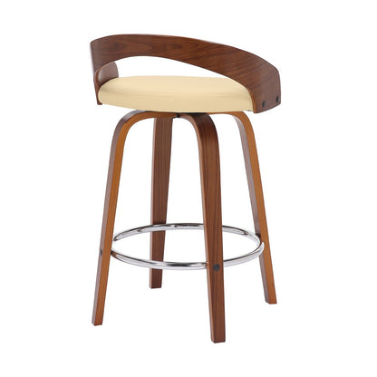 26" Cream And Brown Faux Leather And Fabric And Solid Wood Low Back Counter Height Swivel Bar Chair