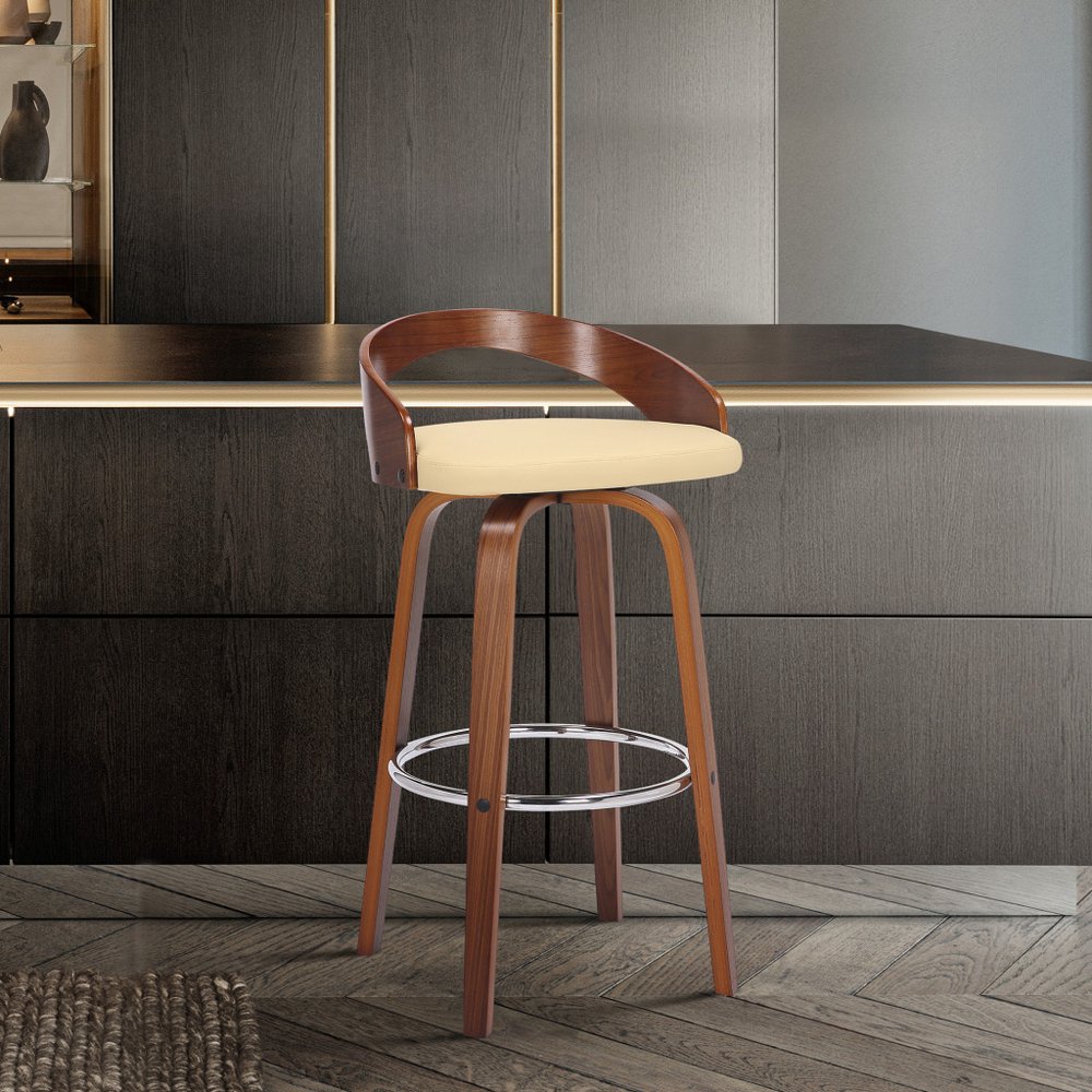 26" Cream And Brown Faux Leather And Fabric And Solid Wood Low Back Counter Height Swivel Bar Chair