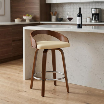 26" Cream And Brown Faux Leather And Fabric And Solid Wood Low Back Counter Height Swivel Bar Chair
