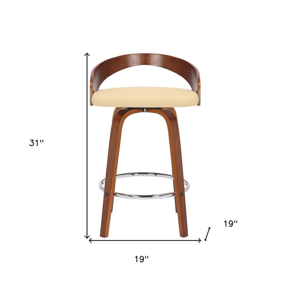 26" Cream And Brown Faux Leather And Fabric And Solid Wood Low Back Counter Height Swivel Bar Chair