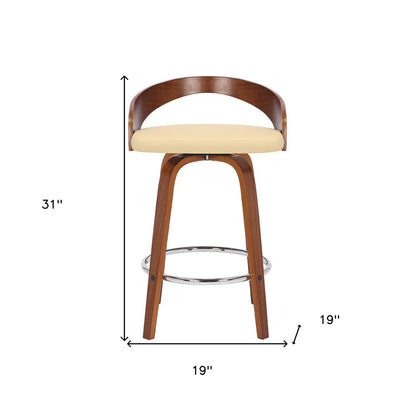 26" Cream And Brown Faux Leather And Fabric And Solid Wood Low Back Counter Height Swivel Bar Chair