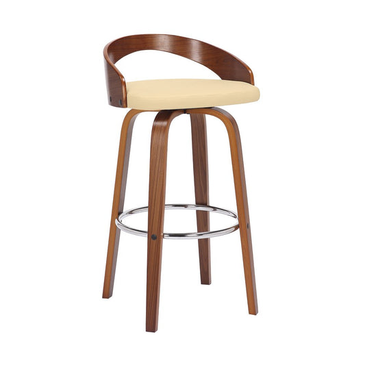 30" Cream And Brown Faux Leather And Fabric And Solid Wood Low Back Bar Height Swivel Bar Chair