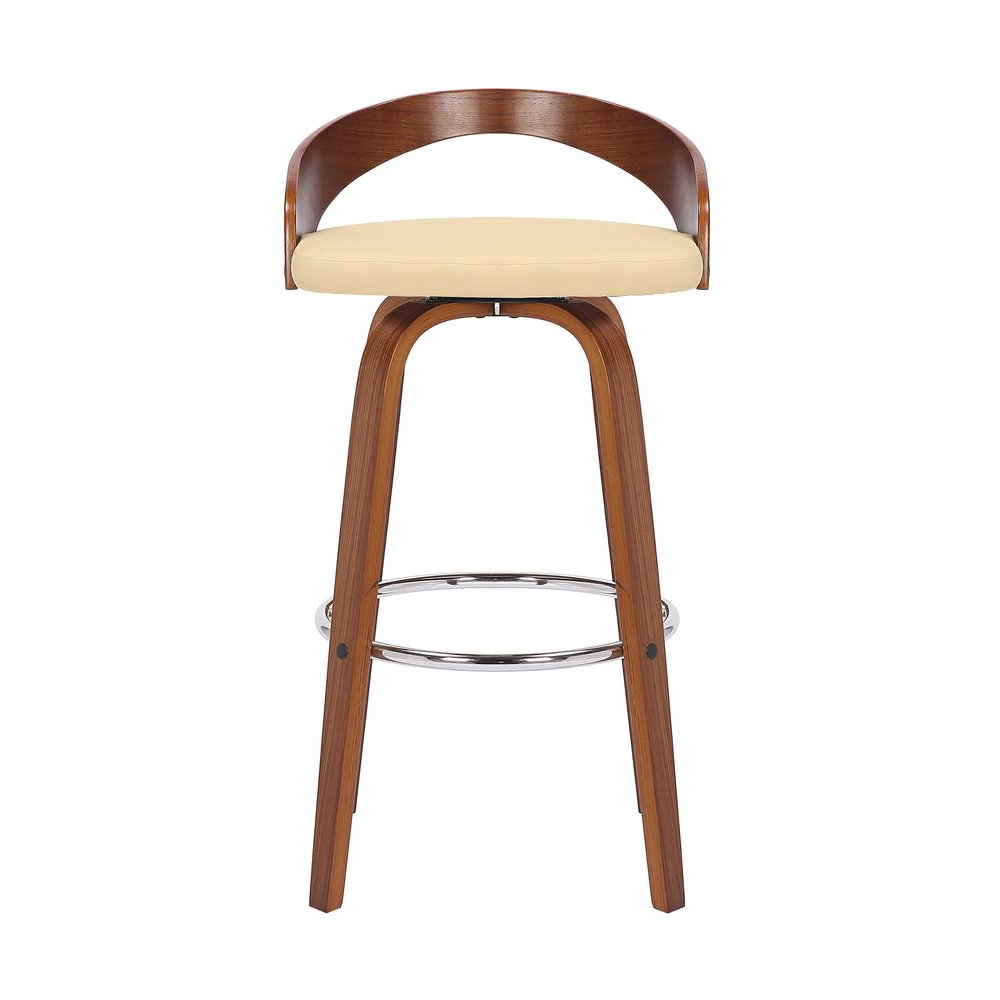 30" Cream And Brown Faux Leather And Fabric And Solid Wood Low Back Bar Height Swivel Bar Chair