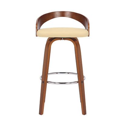 30" Cream And Brown Faux Leather And Fabric And Solid Wood Low Back Bar Height Swivel Bar Chair
