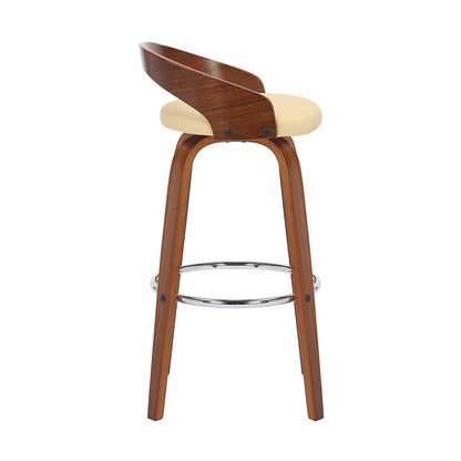 30" Cream And Brown Faux Leather And Fabric And Solid Wood Low Back Bar Height Swivel Bar Chair