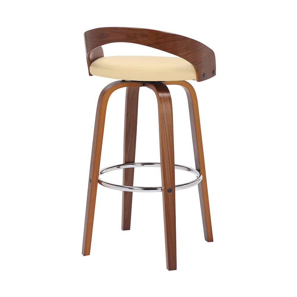 30" Cream And Brown Faux Leather And Fabric And Solid Wood Low Back Bar Height Swivel Bar Chair