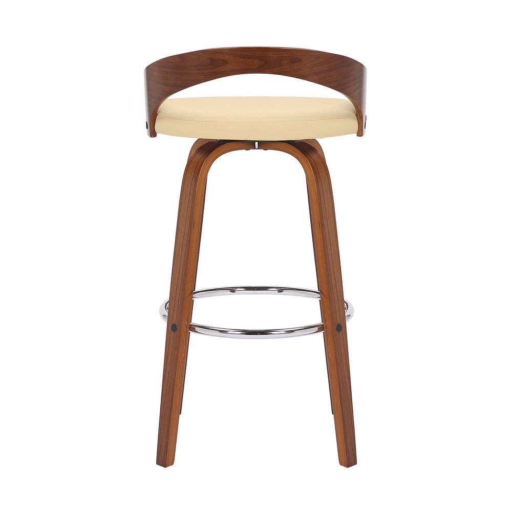 30" Cream And Brown Faux Leather And Fabric And Solid Wood Low Back Bar Height Swivel Bar Chair