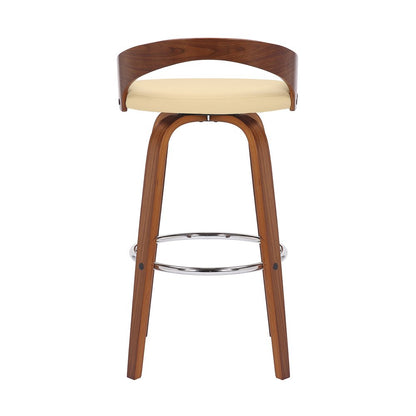 30" Cream And Brown Faux Leather And Fabric And Solid Wood Low Back Bar Height Swivel Bar Chair