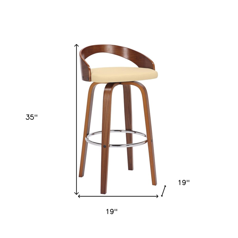30" Cream And Brown Faux Leather And Fabric And Solid Wood Low Back Bar Height Swivel Bar Chair