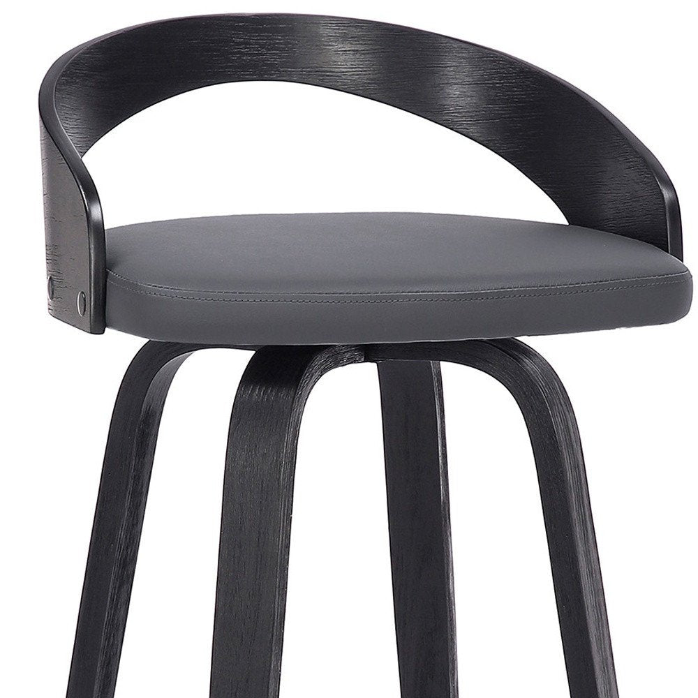 26" Gray And Black Faux Leather And Fabric And Iron Low Back Counter Height Swivel Bar Chair
