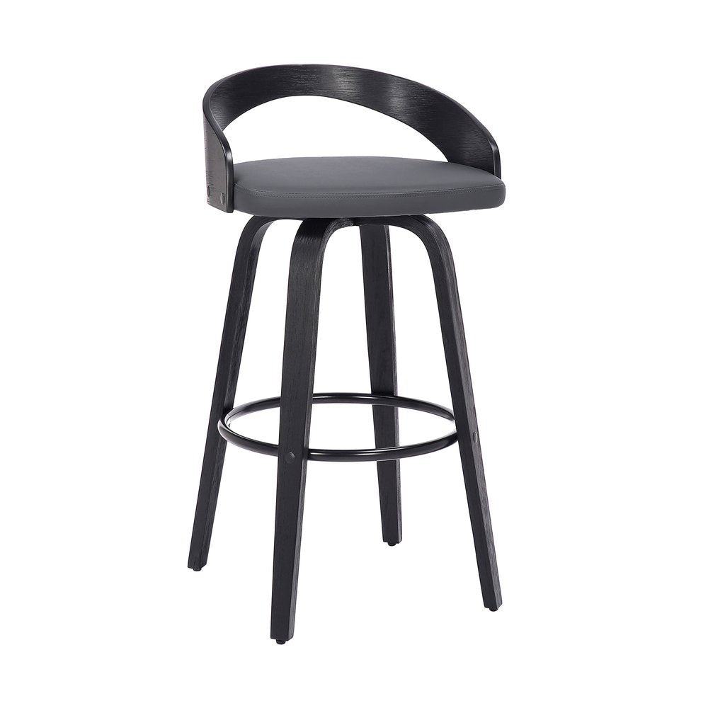 26" Gray And Black Faux Leather And Fabric And Iron Low Back Counter Height Swivel Bar Chair