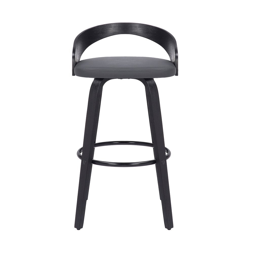 26" Gray And Black Faux Leather And Fabric And Iron Low Back Counter Height Swivel Bar Chair