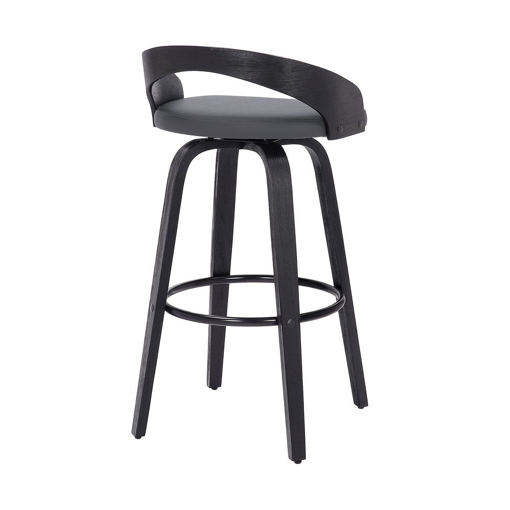 26" Gray And Black Faux Leather And Fabric And Iron Low Back Counter Height Swivel Bar Chair