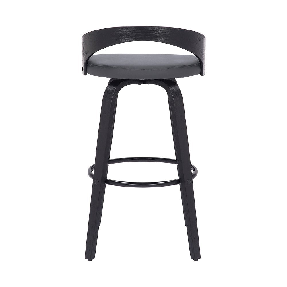 26" Gray And Black Faux Leather And Fabric And Iron Low Back Counter Height Swivel Bar Chair