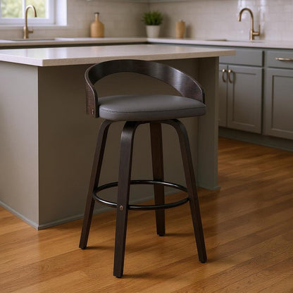 26" Gray And Black Faux Leather And Fabric And Iron Low Back Counter Height Swivel Bar Chair