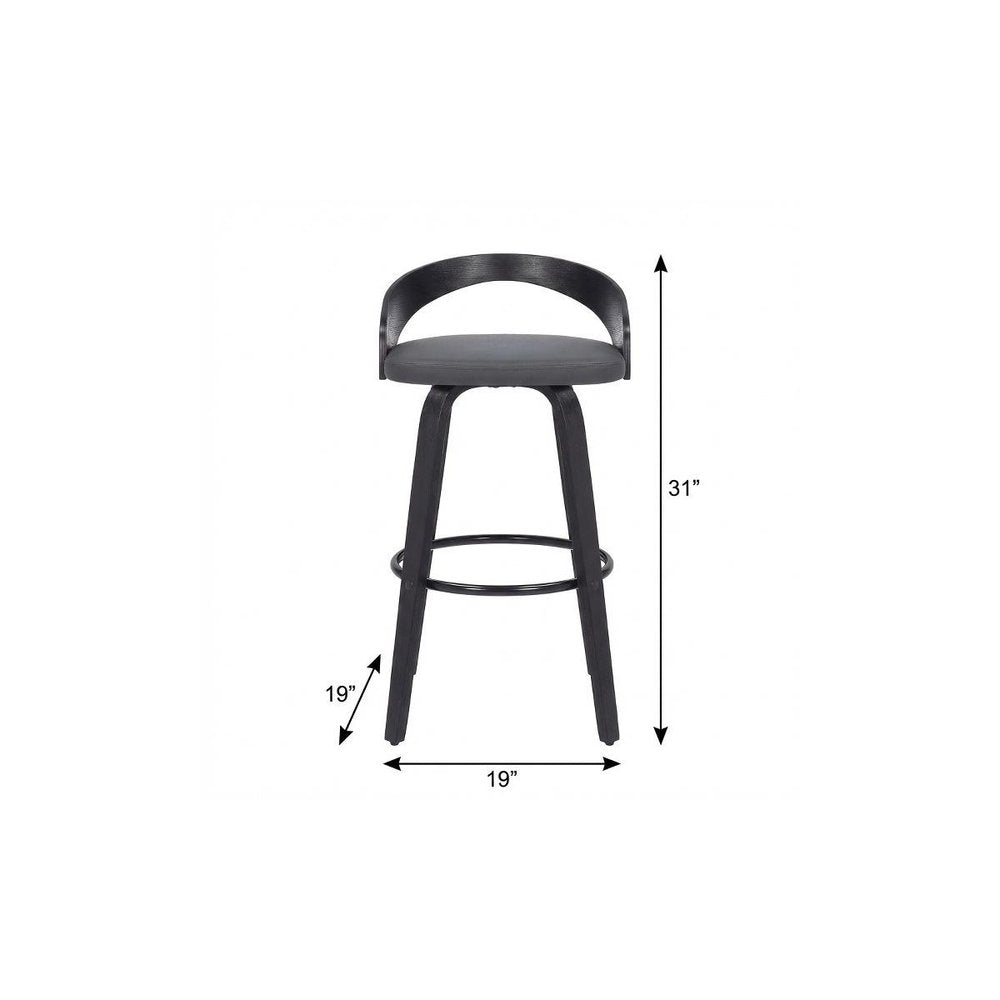26" Gray And Black Faux Leather And Fabric And Iron Low Back Counter Height Swivel Bar Chair